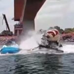 Carreta com ácido sulfúrico é retirada do Rio Tocantins em Estreito, nove meses após queda da ponte